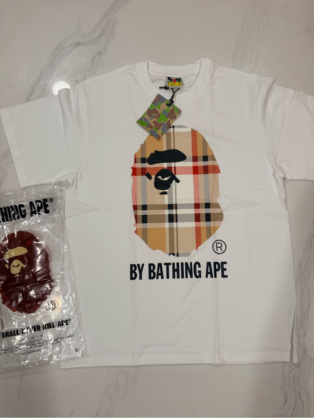 Bape White T-Shirt with Beige Plaid Ape Head Graphic